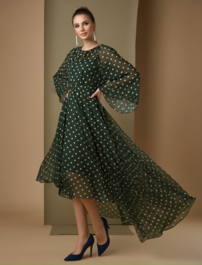 Daily Party Chiffon Dress Green White Polka Dot Maxi Dress