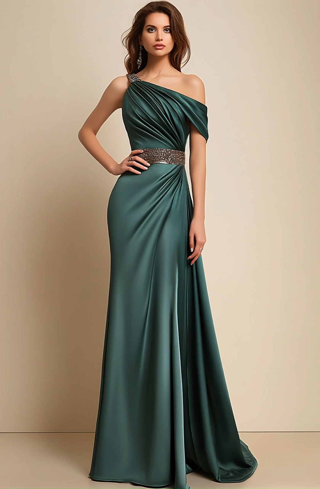 Formal Dress Green One-Shoulder Rhinestone Waist Belt Floor-Length Dress