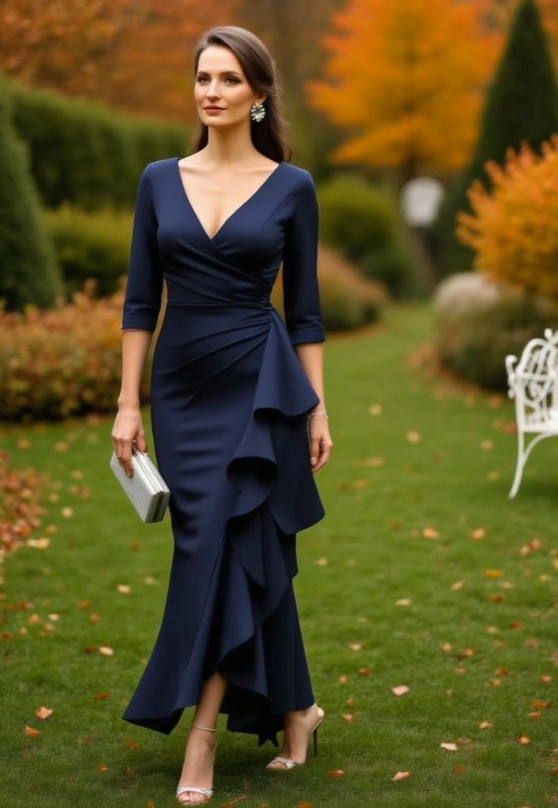 Mother of th Bride Dress Navy V Neck Ruffle Maxi Dress