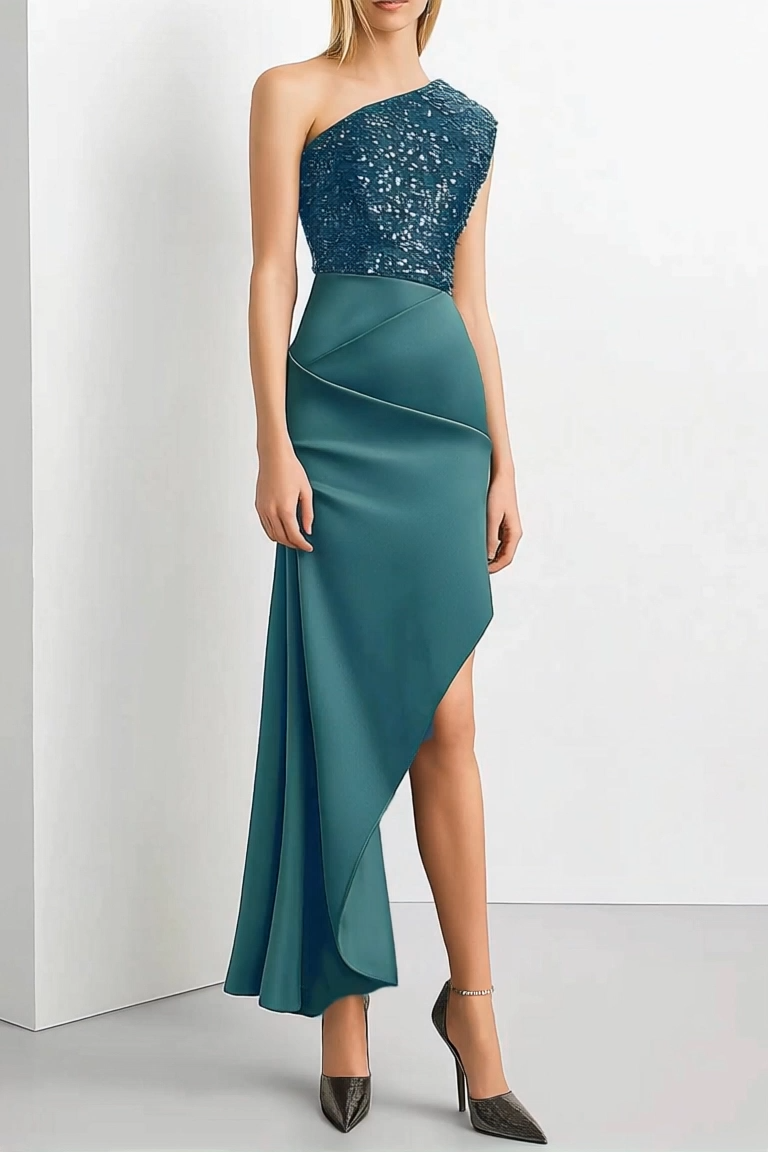 Cocktail Party Dress Light Green Sequin One-Shoulder Asymmetrical Midi Dress