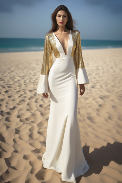 Evening  Formal Dress​​ Golden Deep V Sequin Floor-Length Dress