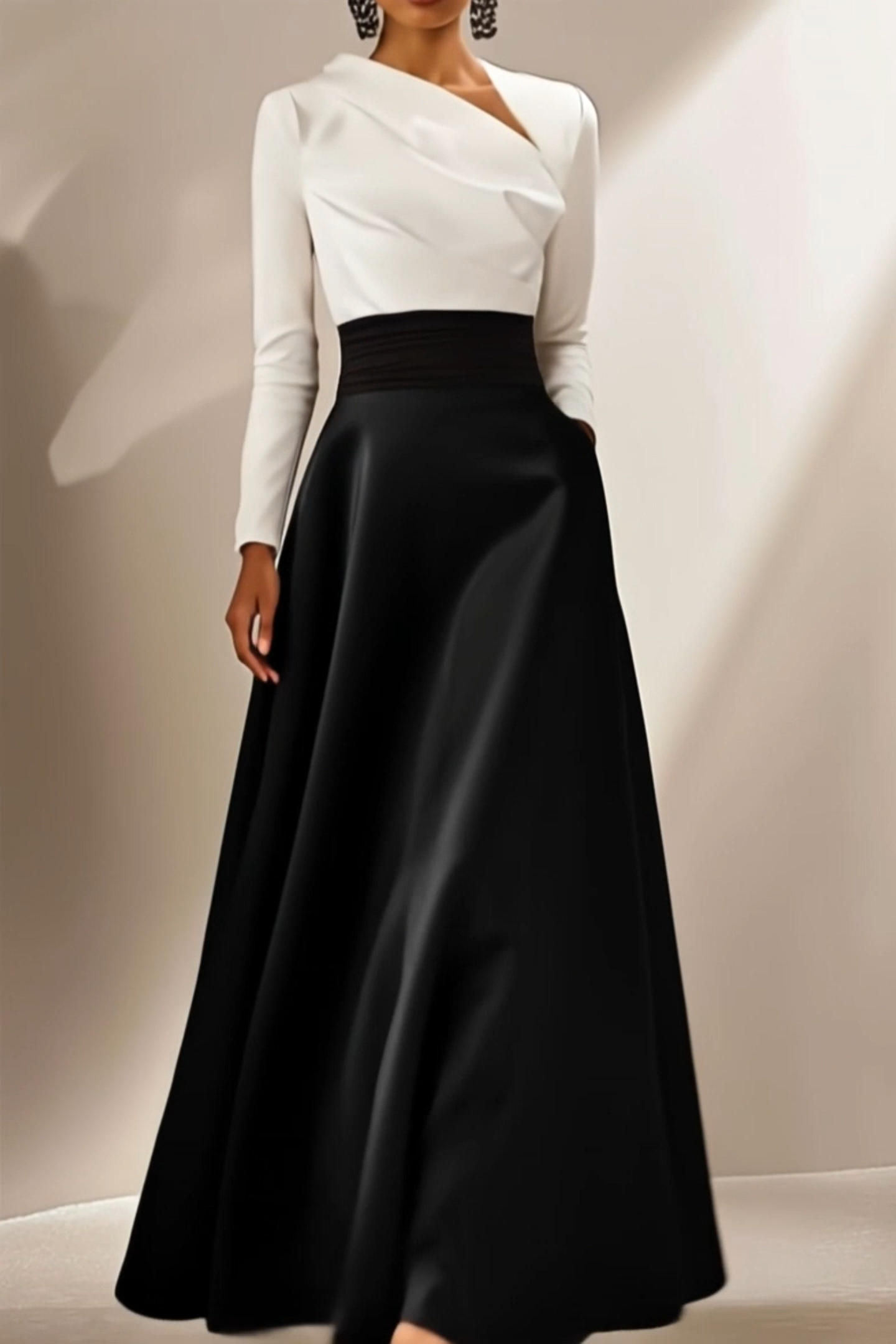 Elegant Formal Dress Black White Long-Sleeve with Pockets Maxi Gown