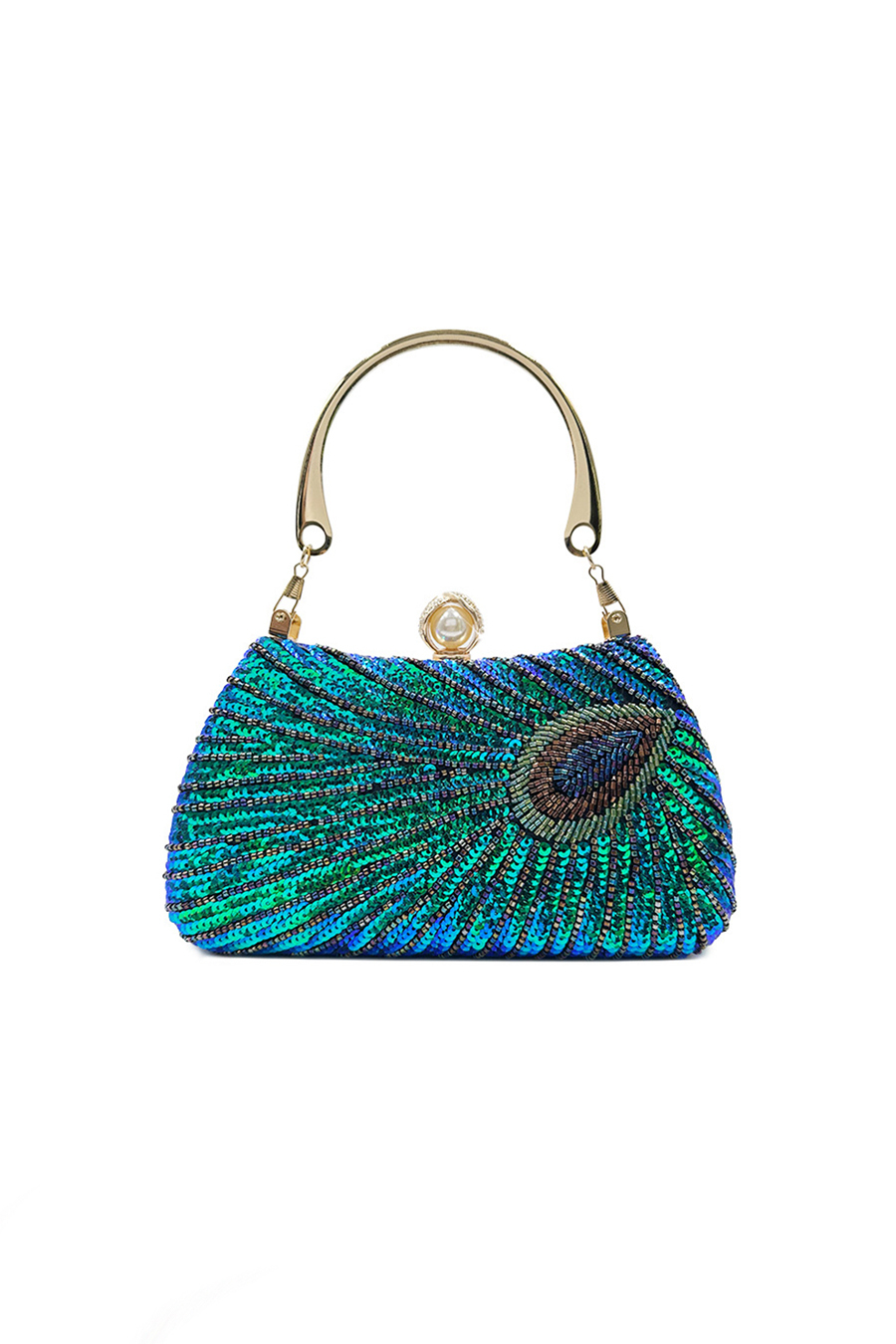 Blue Green Peacock Feather Pattern Beaded Evening Bag