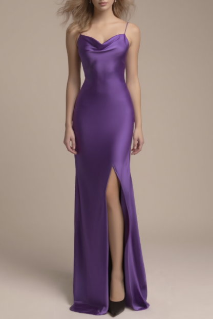 Cocktail​ Party ​Semi Formal Satin Dress​ Purple Straps Maxi Dress