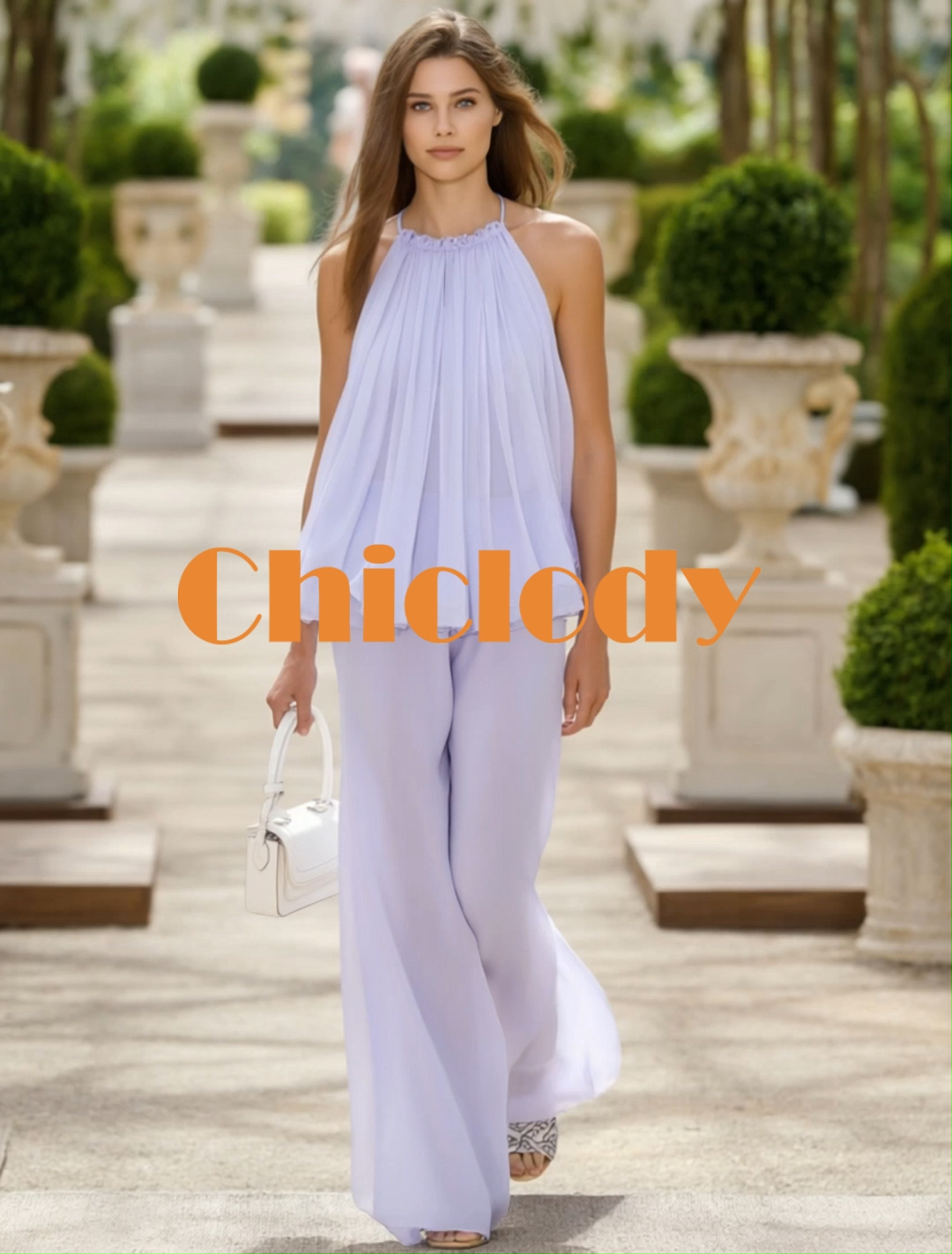 Casual Outfit Sets Purple Halter Neck Wide-Leg Pants Set