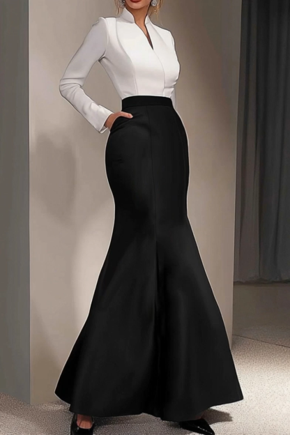 Formal Evening Dress Black White Stand Neck Mermaid with Pockets Maxi Dress