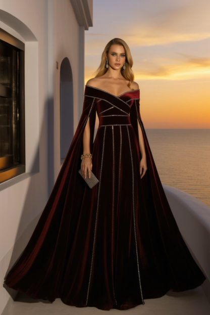 Formal Burgundy Velvet Dress Off The Shoulder Long Sleeve Maxi Gown