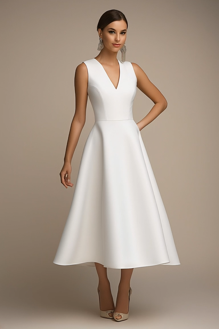 Work Party Dress White V Neck Sleeveless A-Line Midi Dress