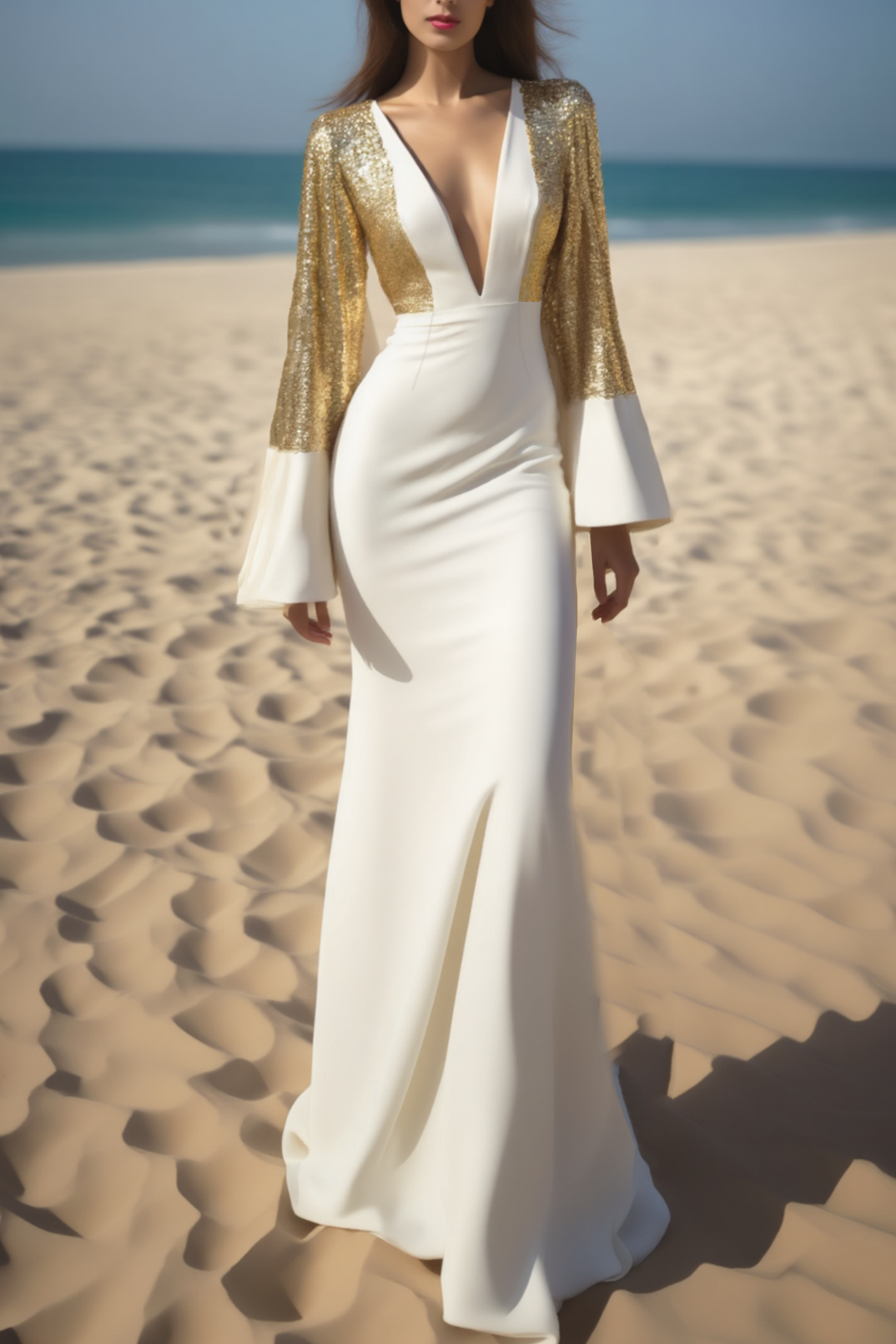 Evening Formal Dress​​ Golden Deep V Sequin Floor-Length Dress