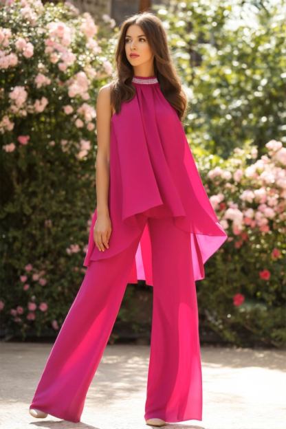 Casual Blouse Set Fuchsia Halter Neck Two-Piece Wide-Leg