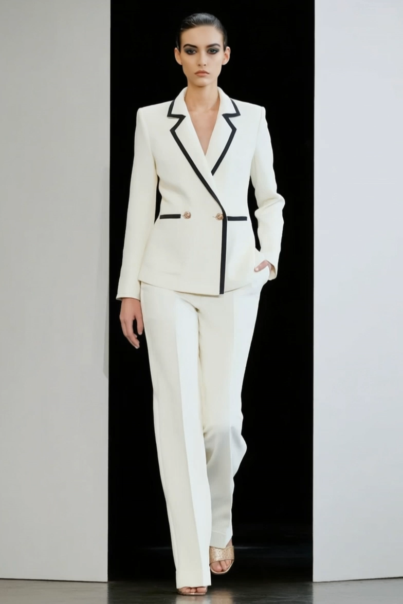 Work Blazer Suit White Lapel Long Sleeve Pants Set