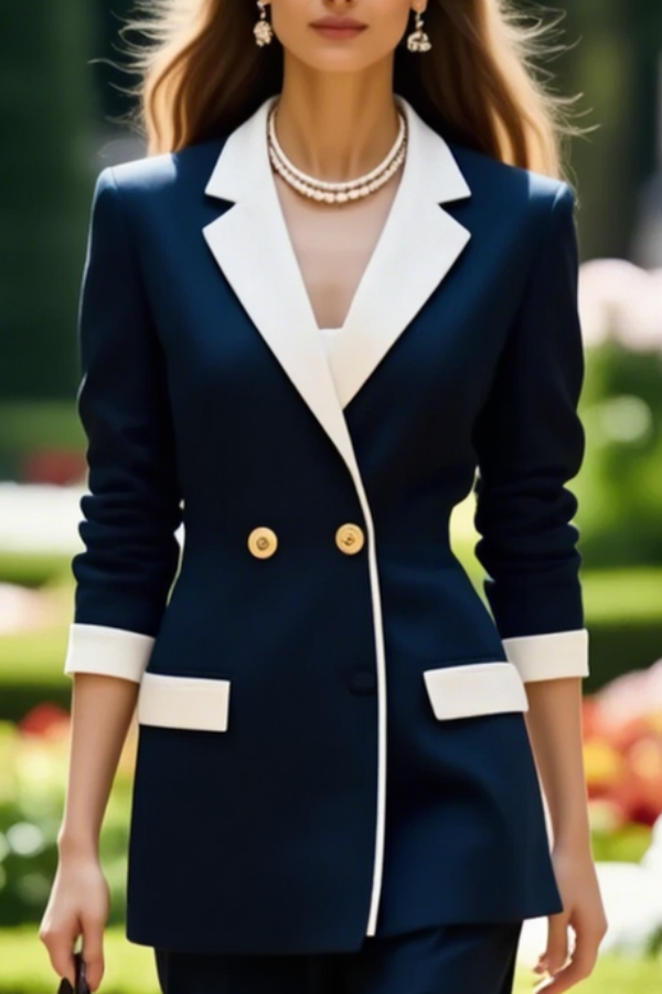 Work Blazer Suit Sets Navy Lapel Long Sleeve Pants Set