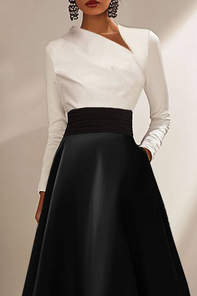 Elegant Formal Dress Black White Long-Sleeve Satin Ball Gown Dress