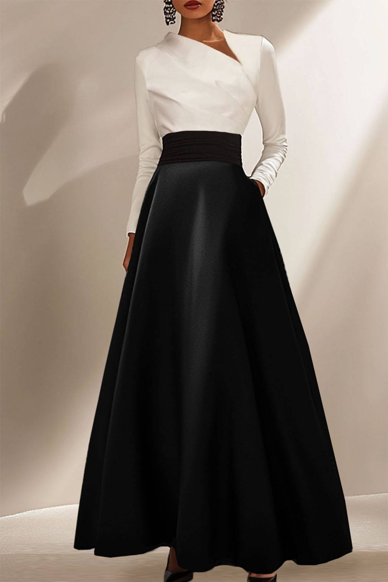 Elegant Formal Dress Black White Long-Sleeve Satin Ball Gown Dress