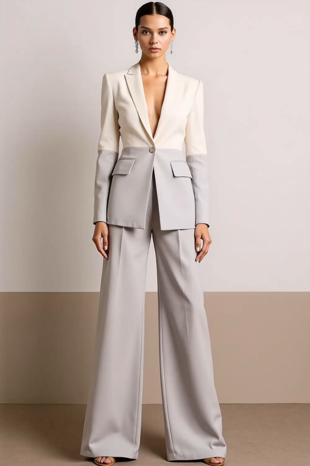 Work Formal Pants Suit White V-Neck Long Sleeves Pants Set