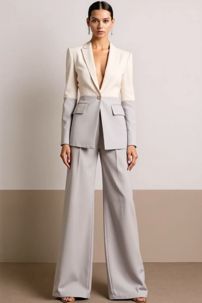 Work Formal Pants Suit White V-Neck Long Sleeves Pants Set