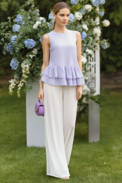 Casual Blouse Set Purple Crew Neck Ruffle Two-Piece