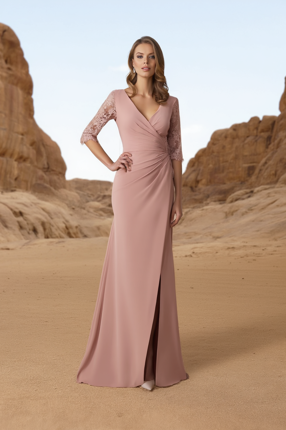 Formal Evening Dress Pink V Neck Lace Slit Maxi Dress
