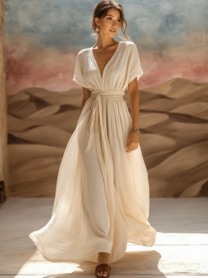 Bohemian Dress White V Neck Ruched Maxi Dress