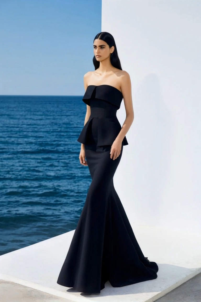 Formal Strapless Dress Black Fitted Mermaid Floor-Length Gown