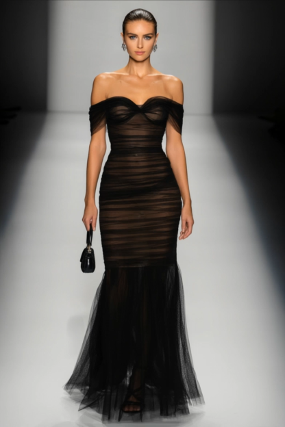 Formal Evening Dress Black Strapless Mesh Maxi Dress