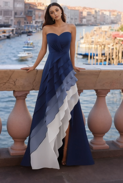 Formal Evening Dress Blue Ombre Strapless Multi-Layered Maxi Dress
