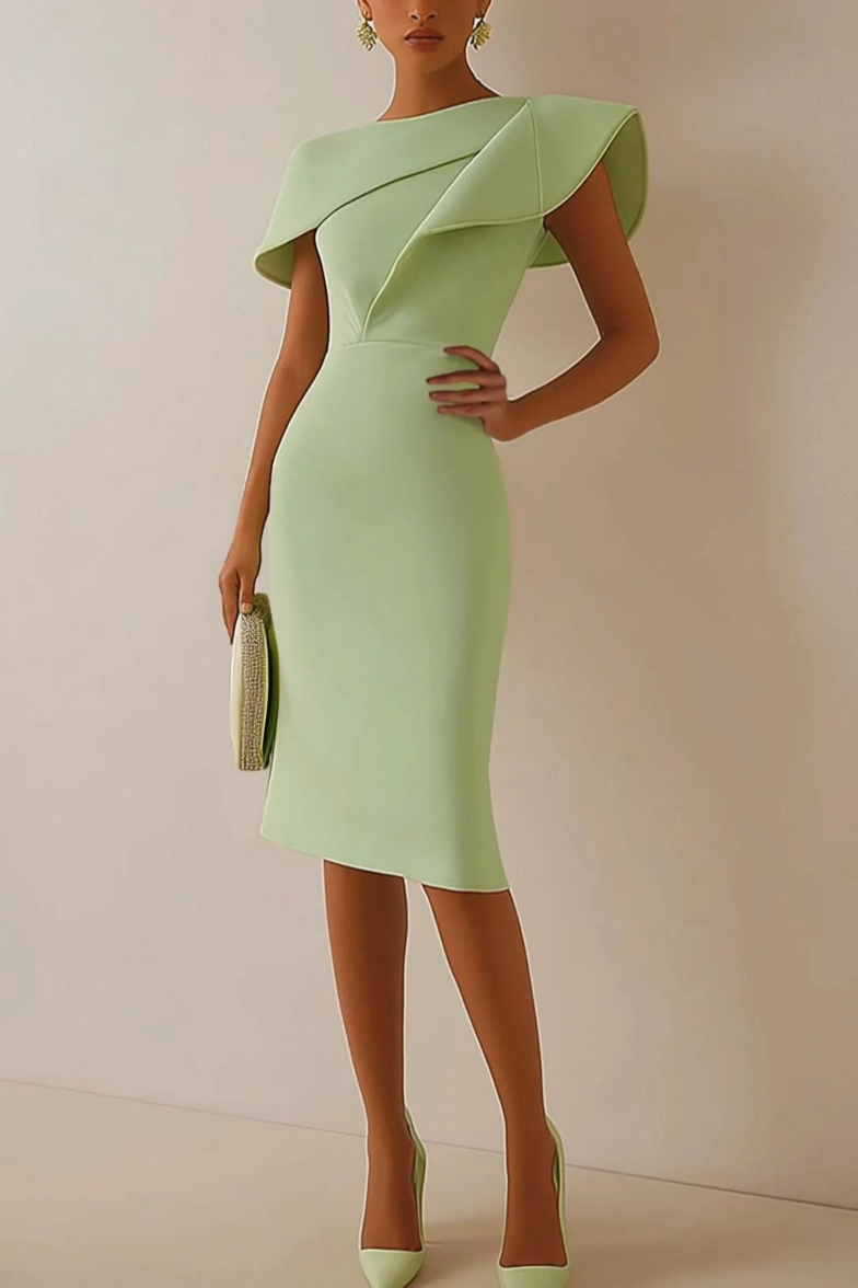 Daily Sage Green Dress Lotus Leaf Sleeve Asymmetrical Layered Bodycon Midi Dress