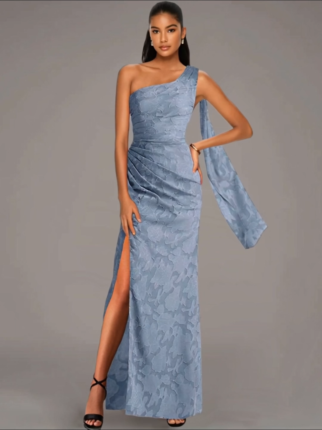 Holiday Party Dress Blue One Shoulder Side Slit Maxi Dress