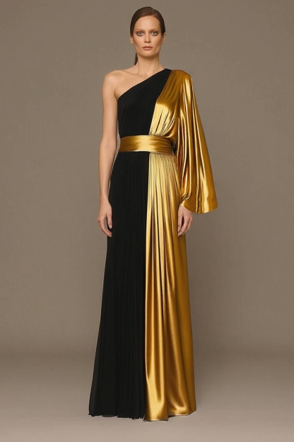 Formal ​Evening Dress Black One Shoulder Colorblock Maxi Dress