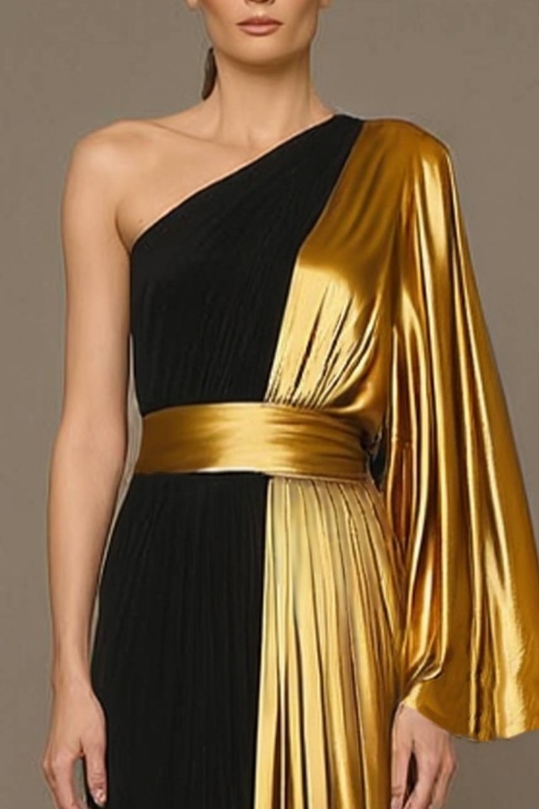 Formal ​Evening Dress Black One Shoulder Colorblock Maxi Dress