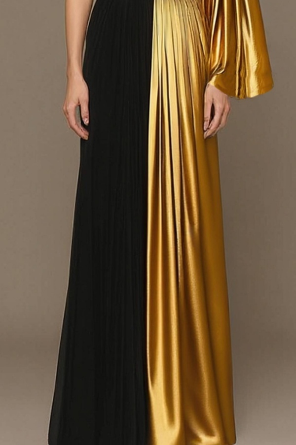 Formal ​Evening Dress Black One Shoulder Colorblock Maxi Dress