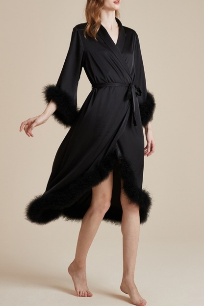 Wedding Pajama Robe Black V Neck Feather Satin Robes Gown