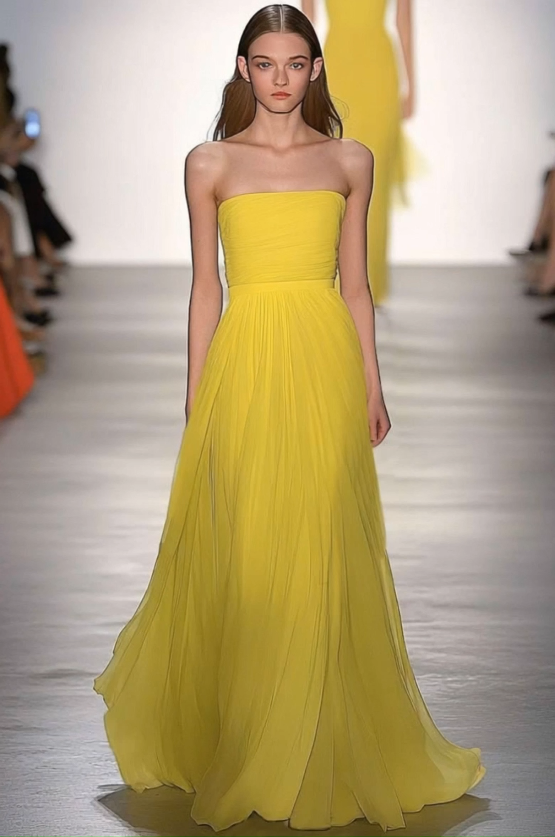Evening Prom Mesh Yellow Dress Strapless Pleated Maxi Dress