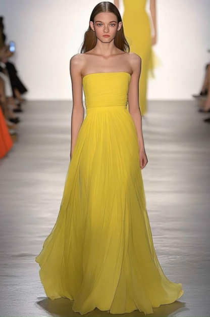 Evening Prom Mesh Yellow Dress Strapless Pleated Maxi Dress