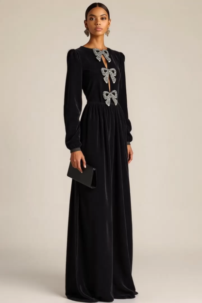 Black Formal Evening Dress A-Line Crew Neck Long Sleeves Bowknot Maxi Dress