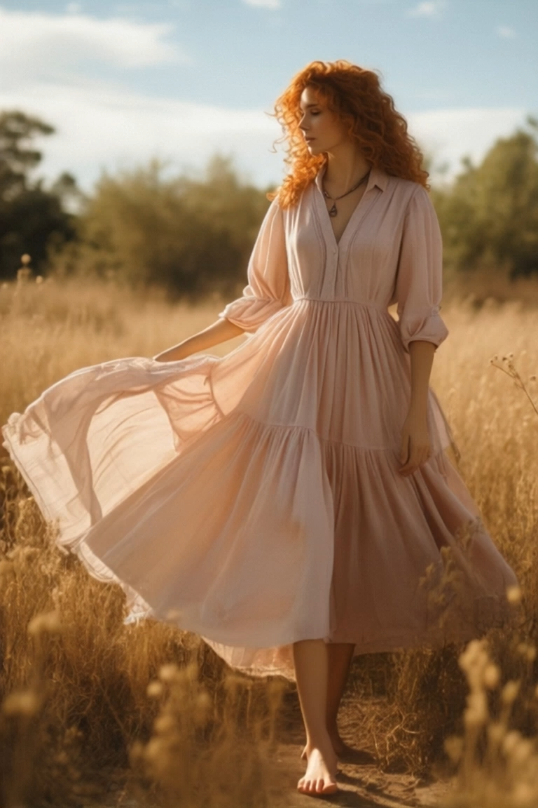 Bohemian Swing Dress Pink V Neck 3/4 Length Sleeve Maxi Dress