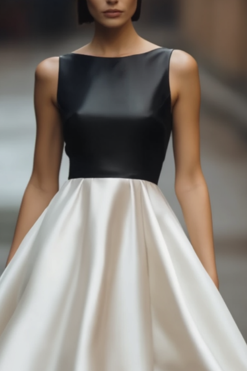 Cocktail Dress Black Crew Neck Midi Satin Dress