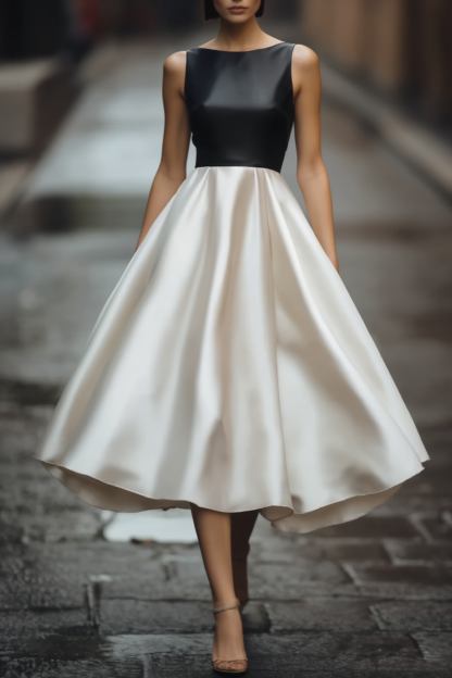 Cocktail Dress Black Crew Neck Midi Satin Dress