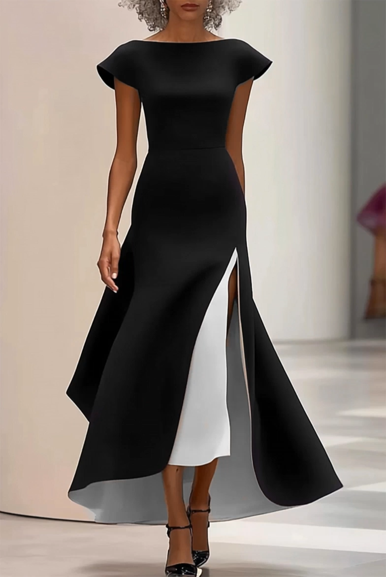 Elegant Slit Dress Cap Sleeve Black White Color Block Maxi Dress