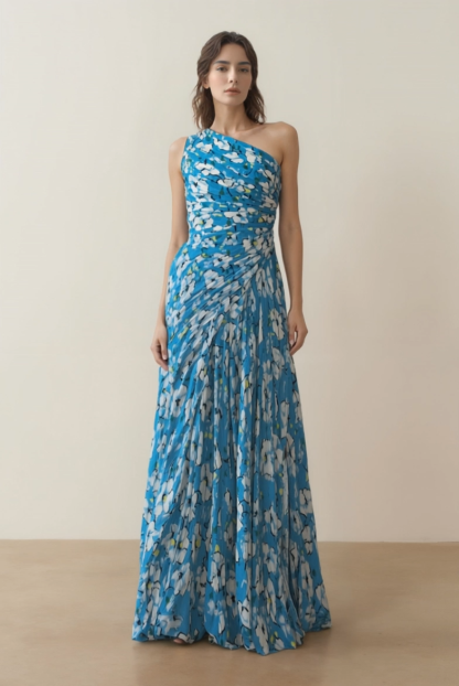 Vacation Dress​​ Blue One Shoulder Floral Print Maxi Dress