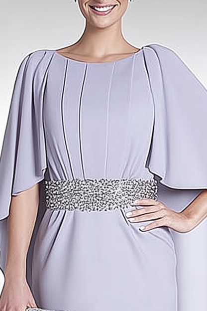 Mother of th Bride Dress Purple Crew Neck Belted Knee-Length Dress