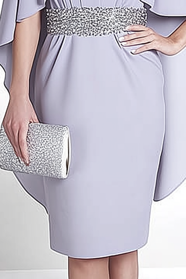 Mother of th Bride Dress Purple Crew Neck Belted Knee-Length Dress