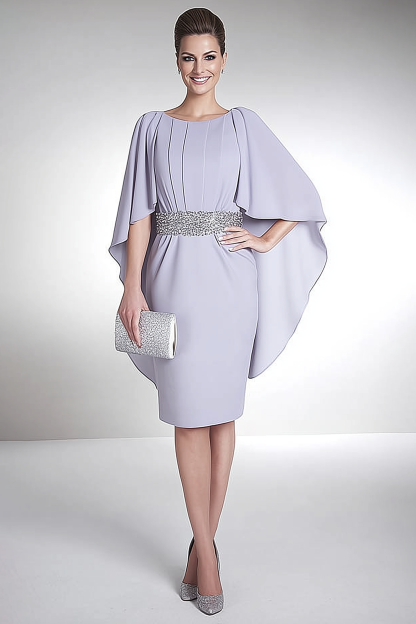 Mother of th Bride Dress Purple Crew Neck Belted Knee-Length Dress