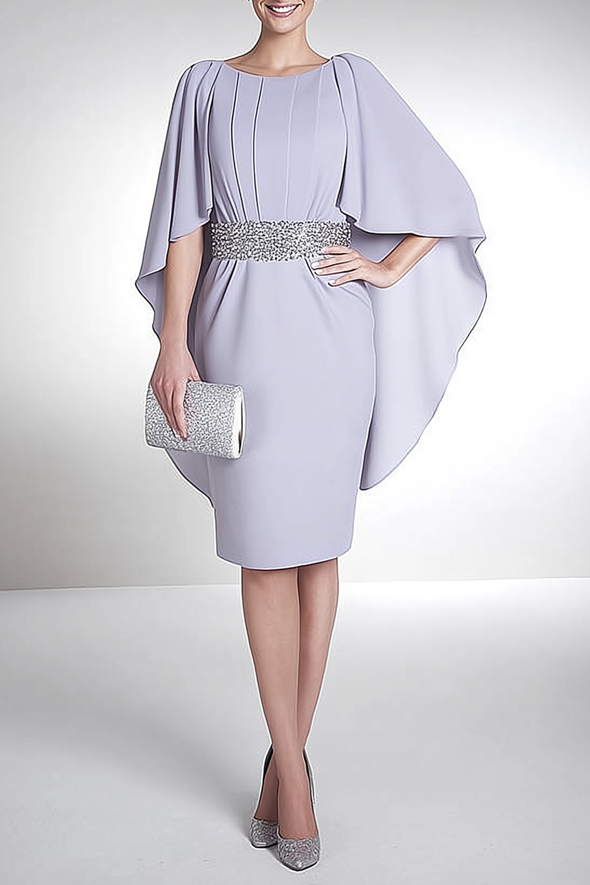 Mother of th Bride Dress Purple Crew Neck Belted Knee-Length Dress