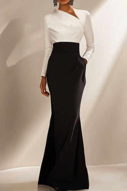 Evening Formal Elegant Dress Long Sleeve  Black White Maxi Dress