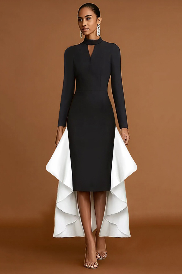 Formal Evening Dress Black White Stand Collar Ruffle Maxi Dress