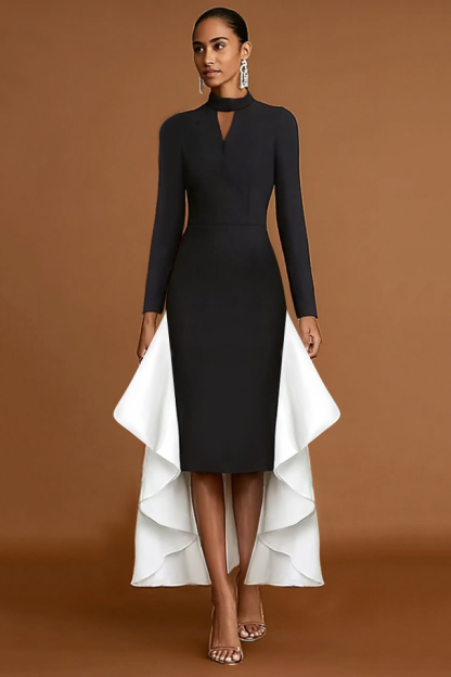 Formal Evening Dress Black White Stand Collar Ruffle Maxi Dress