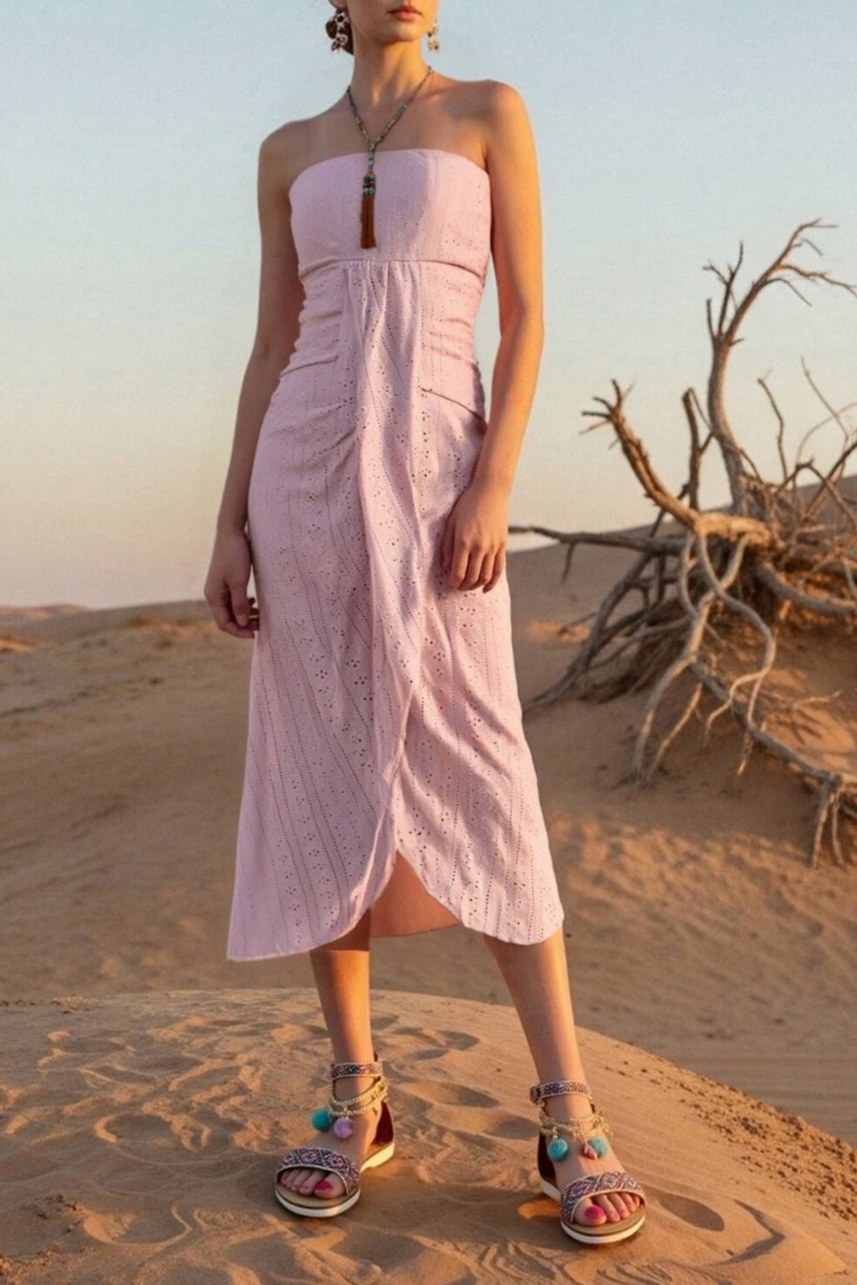 Bohemian Holiday Dress Pink Sleeveless Midi Dress