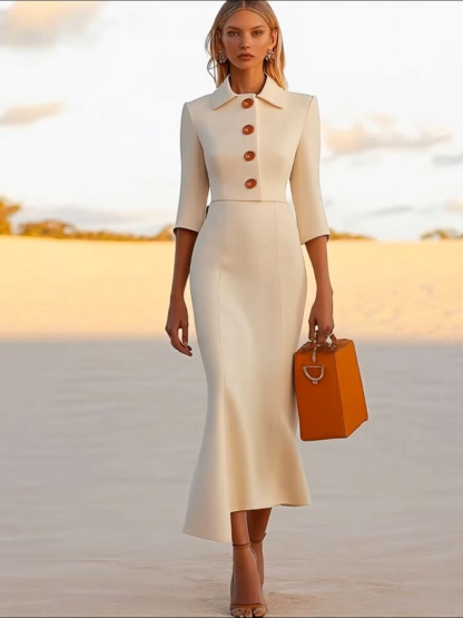 Work Semi-Formal Beige Dress Long Sleeves Midi Dress With Buttons