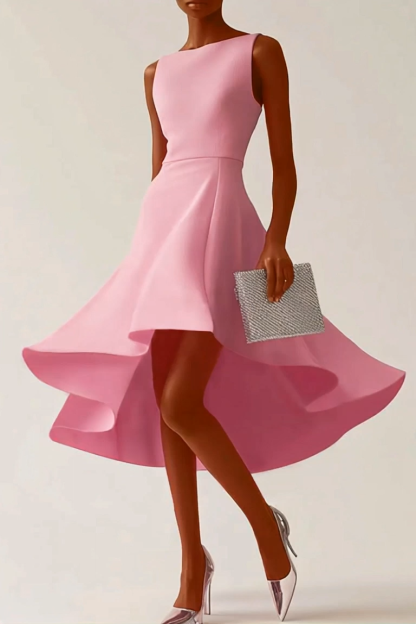 Party Dress Pink Sleeveless Boat Neck Full Skirt Midi Dress